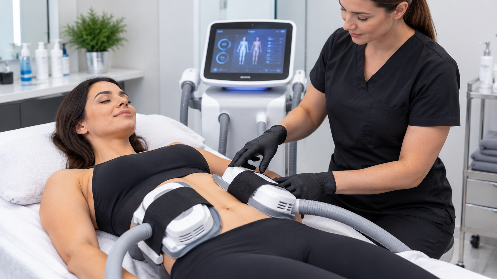 Body toning treatment paddle applied to the abdomen during a HIFEM session at Lipo Freeze