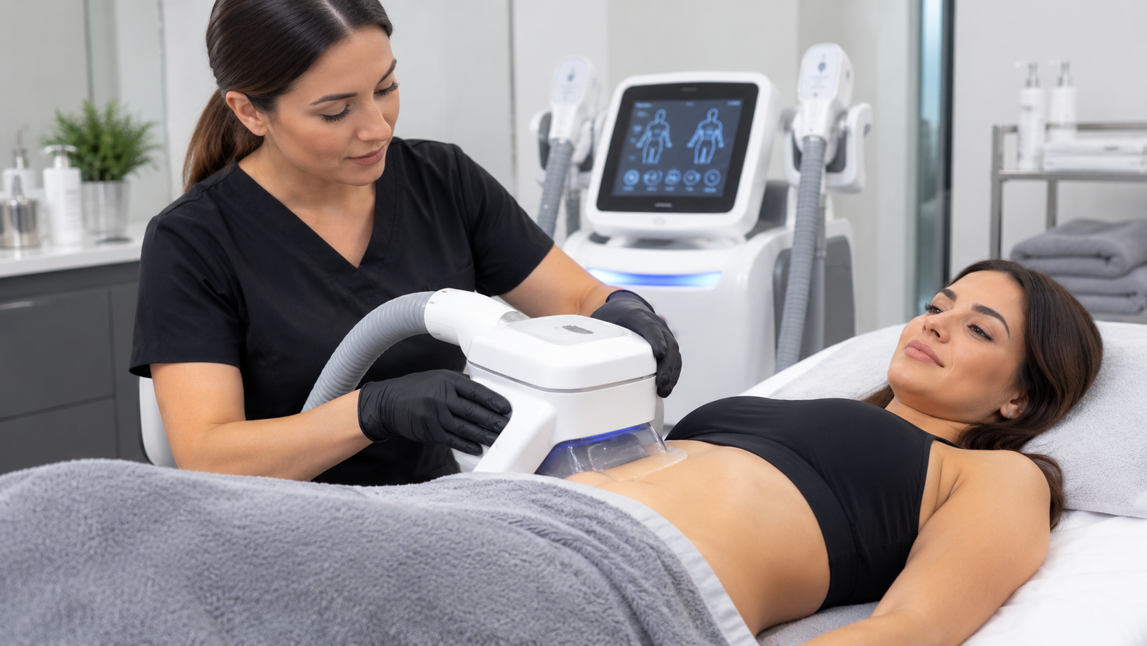 Cryolipolysis applicator positioned on the abdomen during a Lipo Freeze fat freezing session
