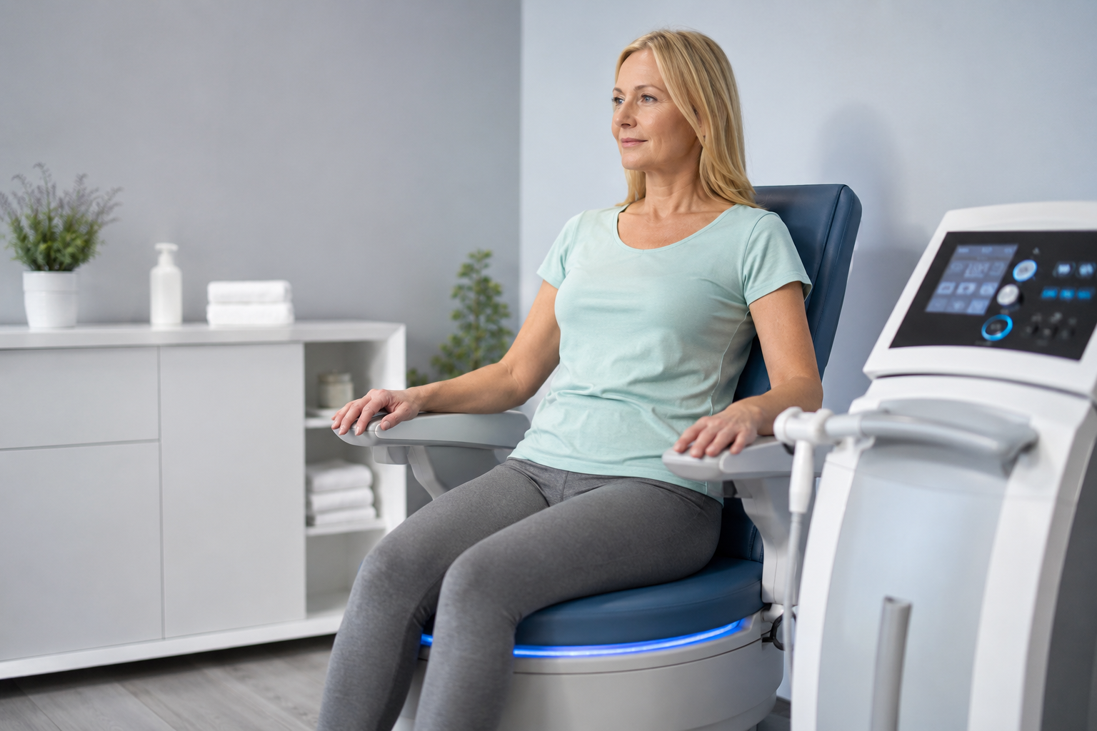 Diagram showing how Lipo Freeze incontinence treatment stimulates the pelvic floor muscles